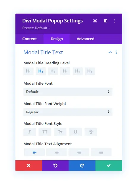 Modal title text customization options in the design tab
