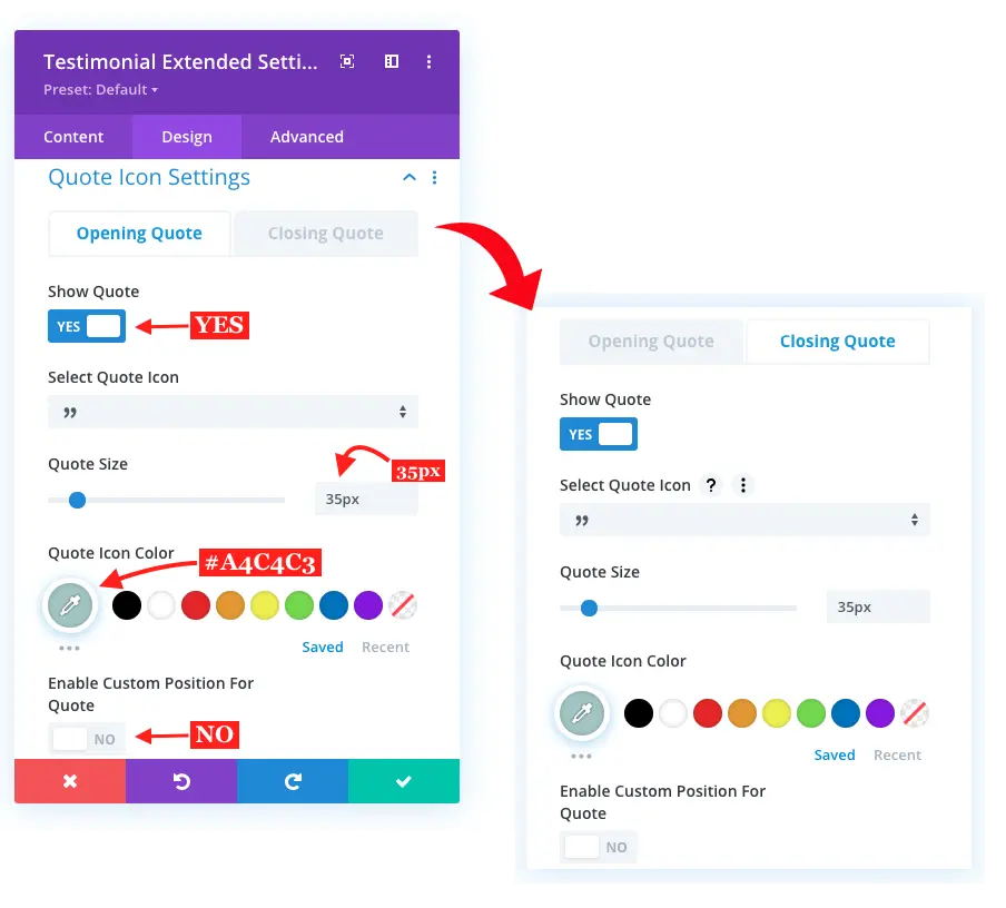 Opening and closing Divi testimonial quote icon setting