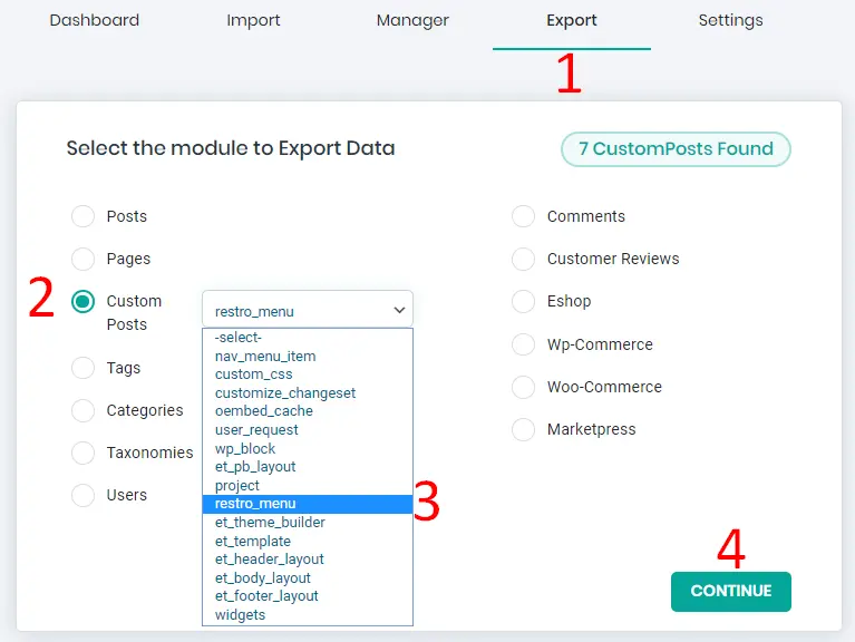 Restaurant food menu items export in a CSV file