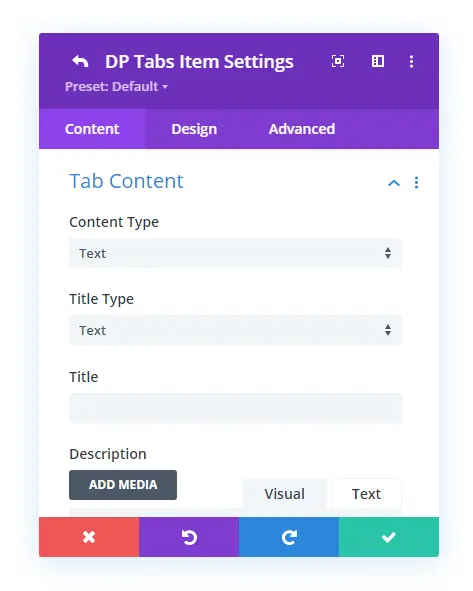 Settings of the individual Divi tabs item