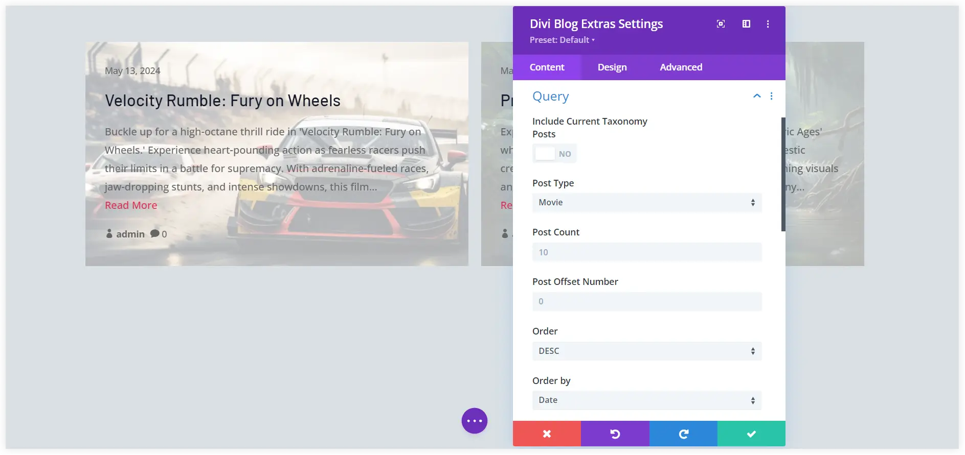 Configure Divi custom post slider display settings