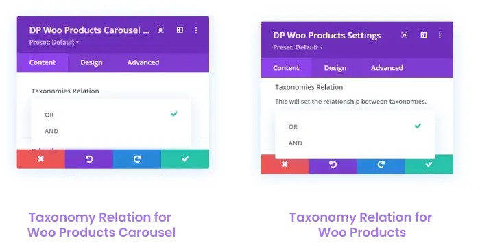 Taxonomy relation option in Divi Plus WooCommerce Modules