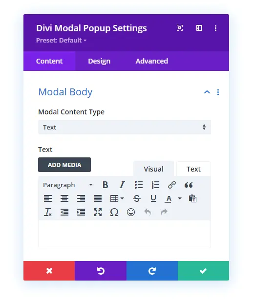 Text option in the modal body content type