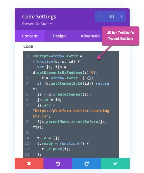 Twitter tweet button JS in the Divi code module