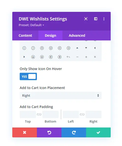 wishlist icon on hover settings