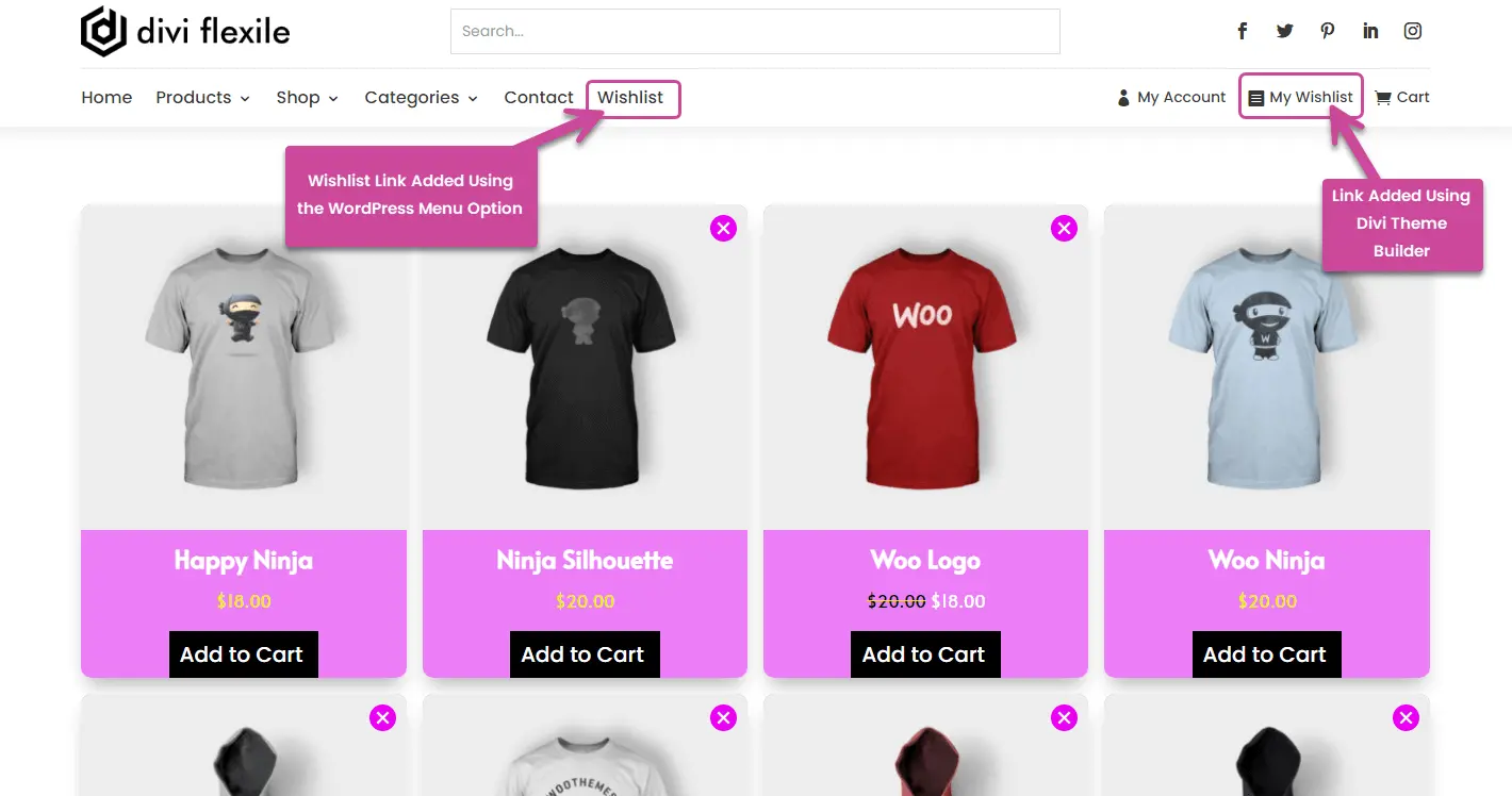 wishlist page link on Divi menu