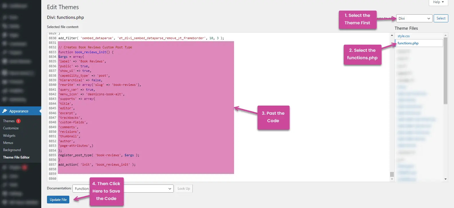 Adding code in the functions php file to create CPT