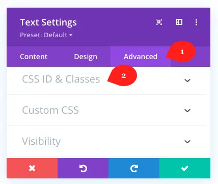 Advanced tab of the Divi text module for text over an image