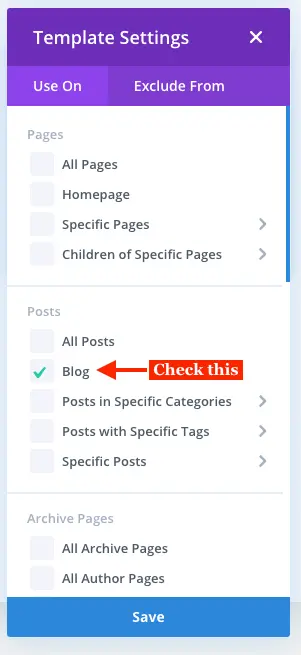 Assigned blog template in the Divi theme builder