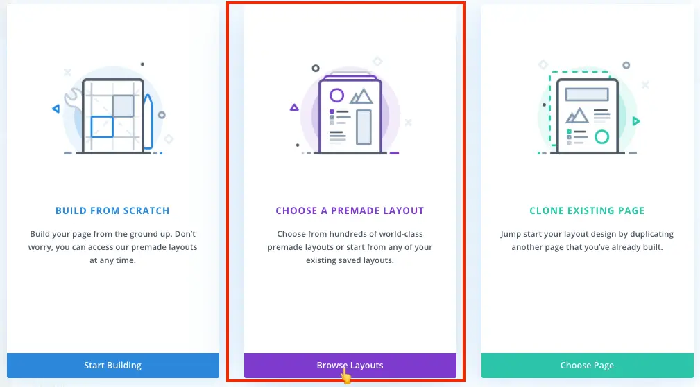 Choose premade layout option to install Divi layout on a page