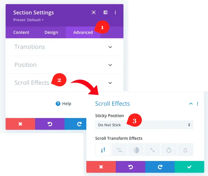 Choosing sticky position from scroll effects options