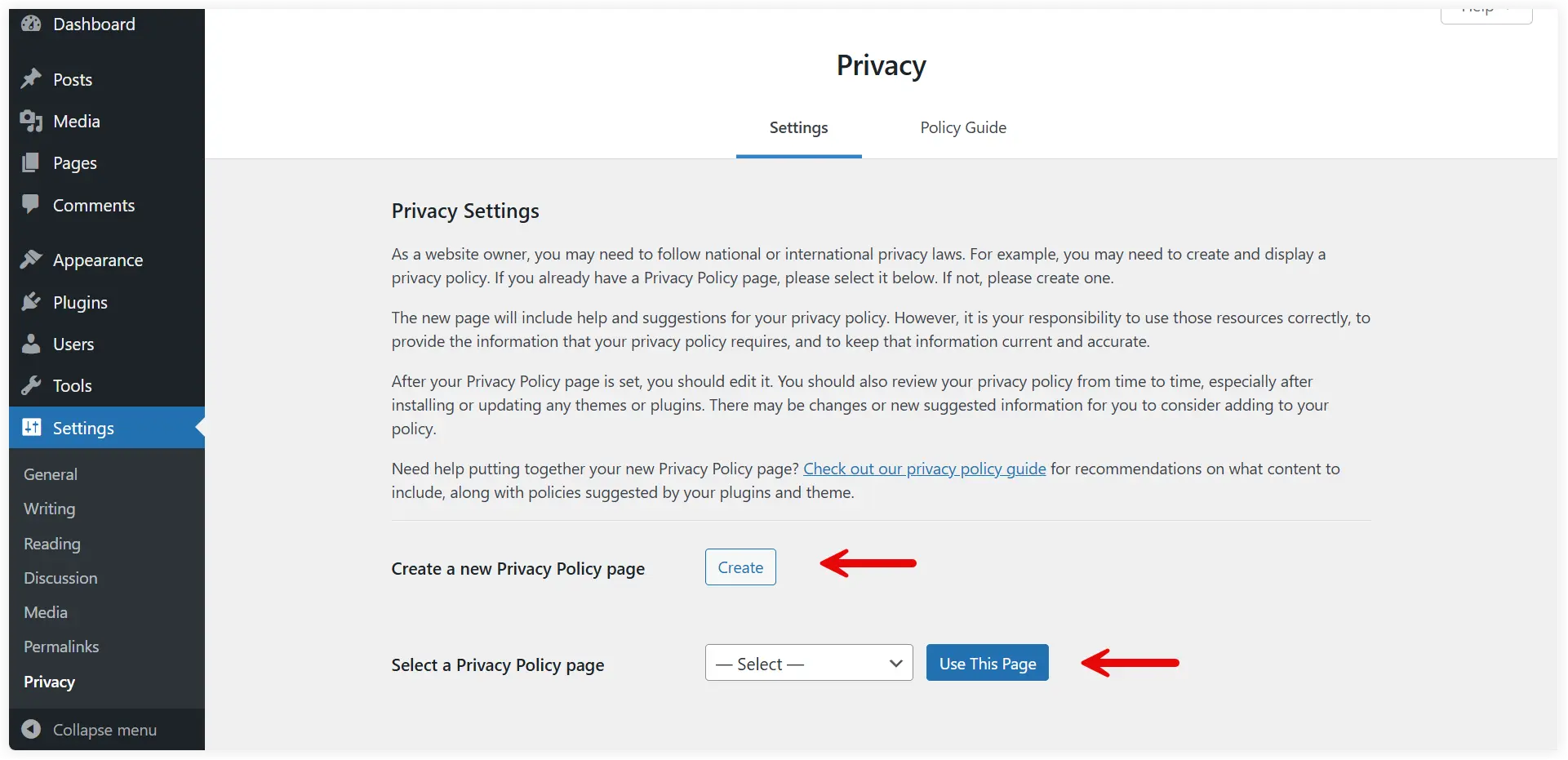 Create WordPress privacy policy template