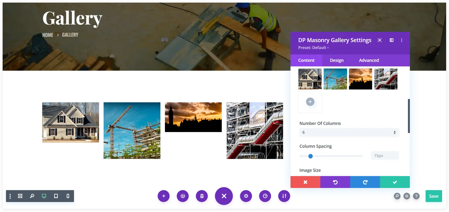 Divi construction gallery page layout