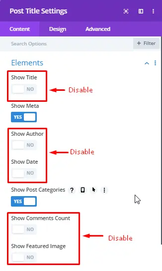 Disable “Show title, author, date, comments and featured image"