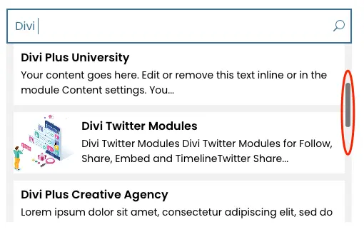 Divi ajax search results with scroll bar
