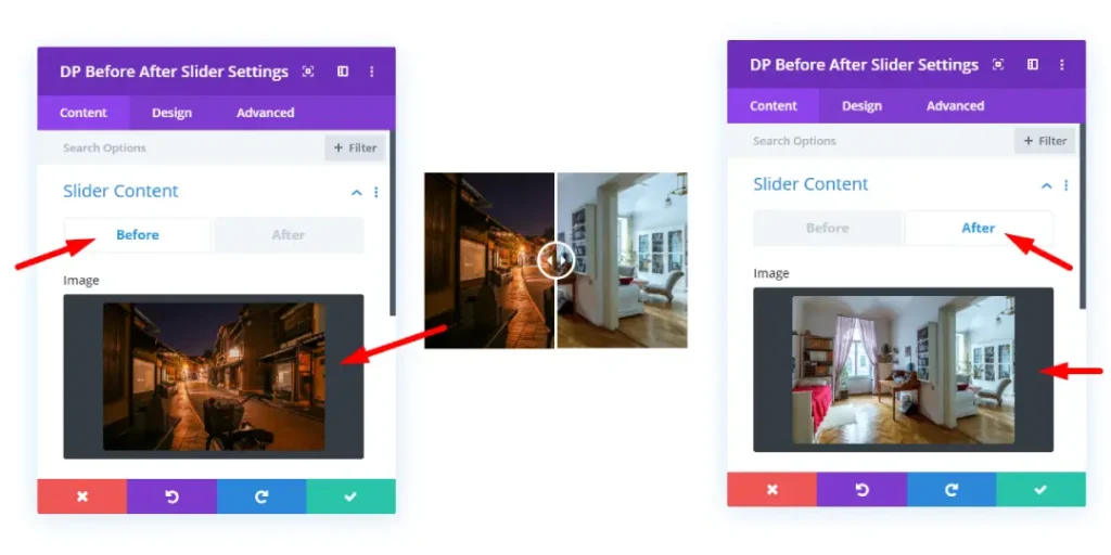 Divi before and after slider content tab