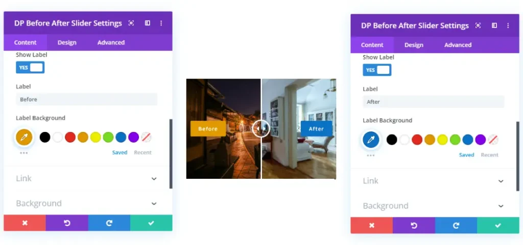 Divi before and after slider with label