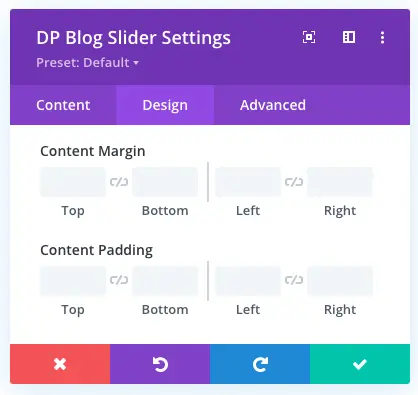 Divi blog content margin and content padding options