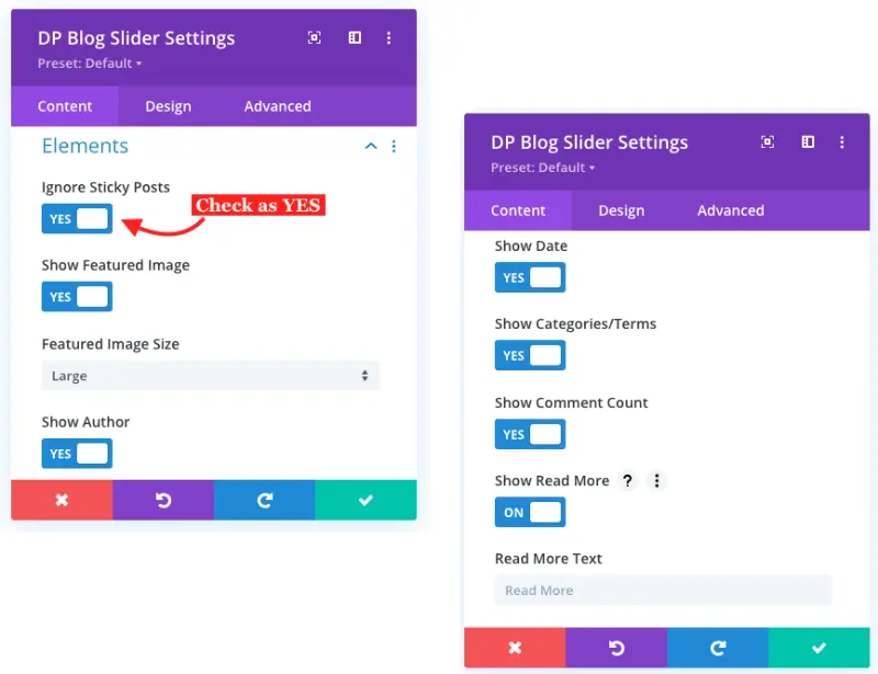 Divi blog slider content settings