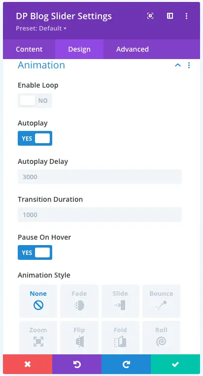 Divi blog slider module animation settings