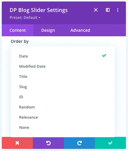 Divi blog slider post order type