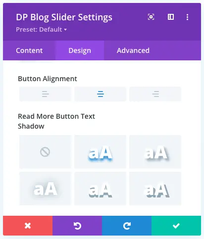 Divi blog slider read more button alignment options