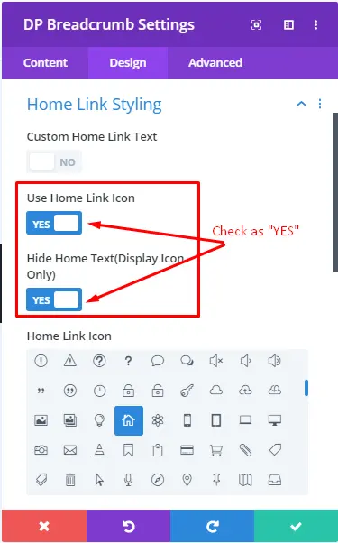 Divi breadcrumbs design settings