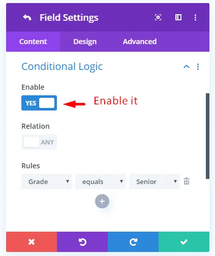 Divi conditional logic toggle enabled