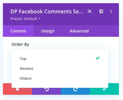 Divi Facebook comments order by option