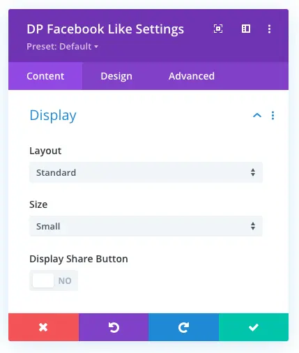 Divi Facebook like button display settings