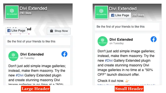 Divi Facebook page with small and large header