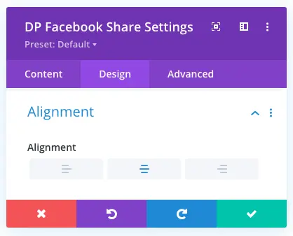 Divi Facebook share button alignment options