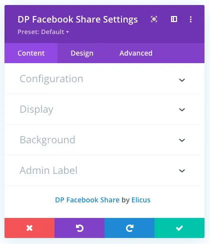 Divi Facebook share button module with content tab settings