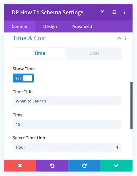 Divi how to schema time and cost setting