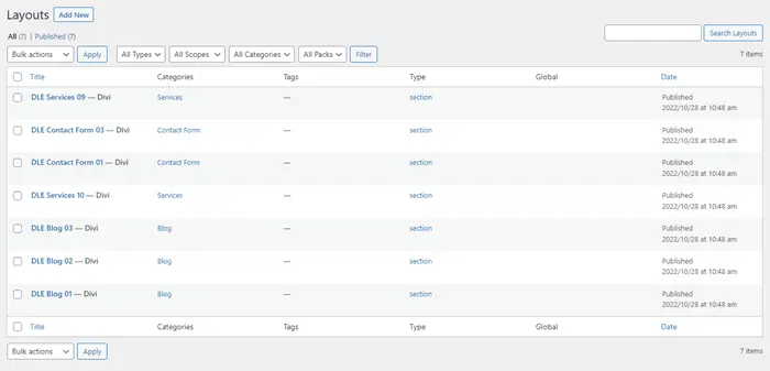 Divi Layouts Extended saved layouts in the library