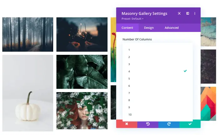 Divi masonry gallery number of columns option