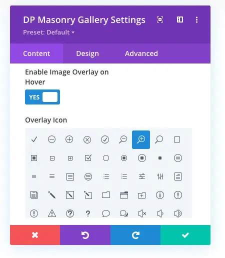 Divi masonry gallery settings with overlay icon