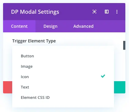 Divi modal element trigger type options