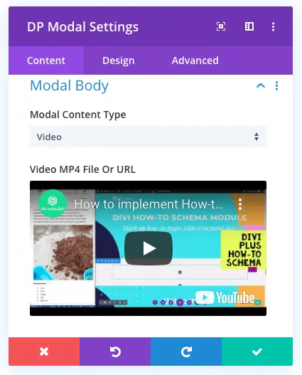 Divi modal for video lightbox body content settings