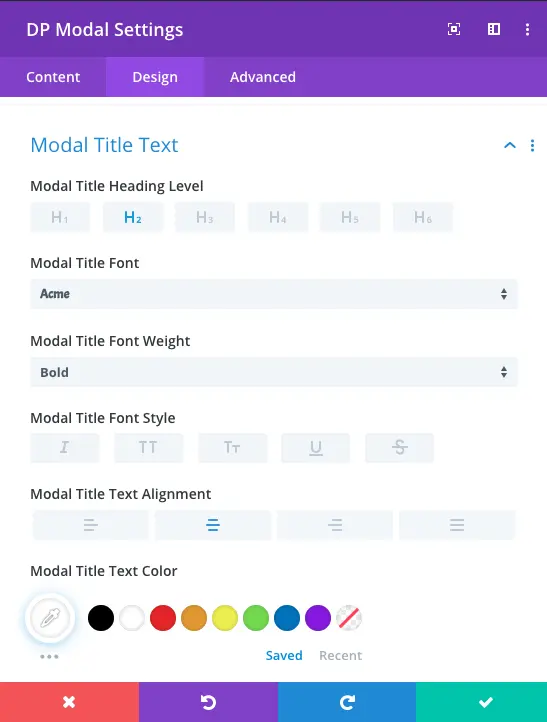 Divi modal title text design settings
