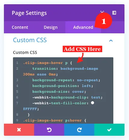 Divi page's advanced tab