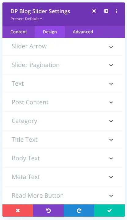 Divi Plus blog slider module with design tab options