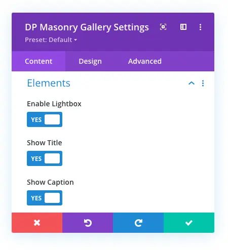 Divi Plus masonry gallery settings