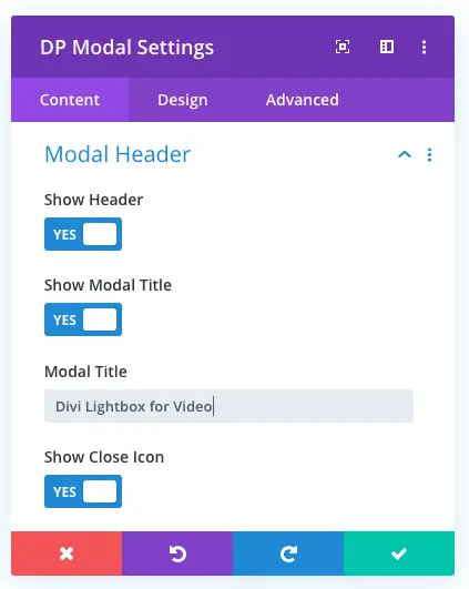 Divi Plus modal header content settings