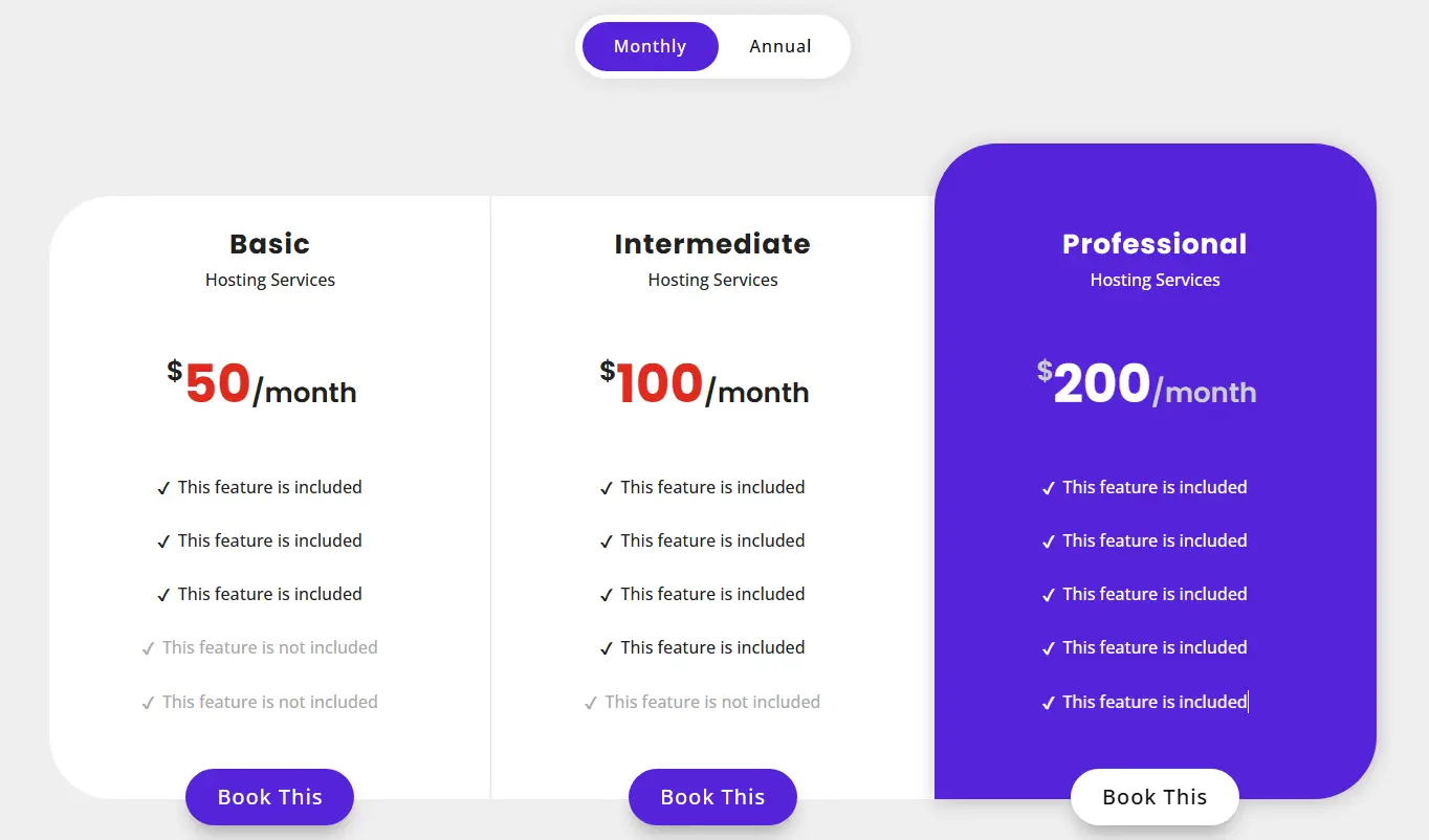 Divi pricing table with content toggle