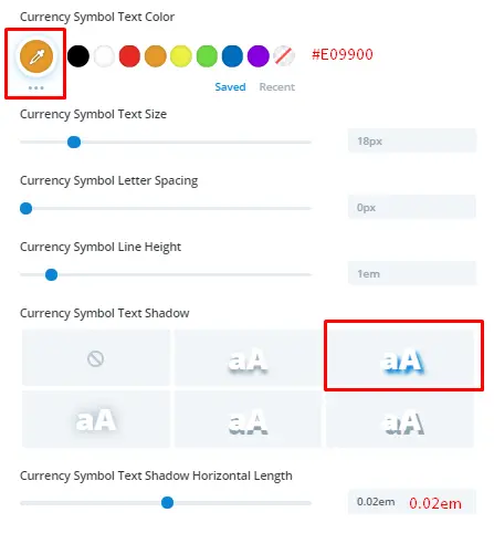 Divi restaurant menu currency symbol text settings