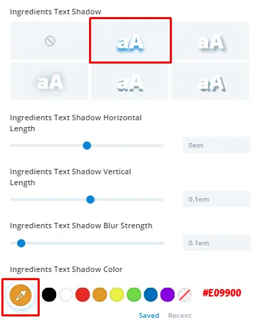 Divi restaurant menu ingredient text shadow settings with CSS