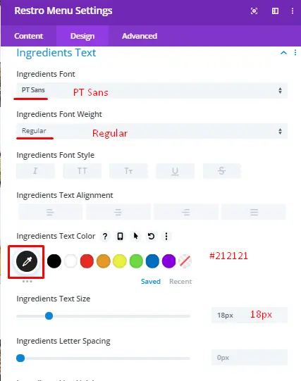 Divi restaurant menu ingredients text settings of layout 1