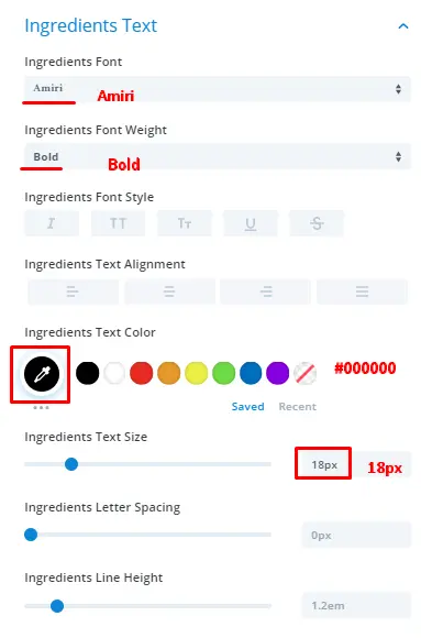 Divi restaurant menu ingredients text settings with CSS