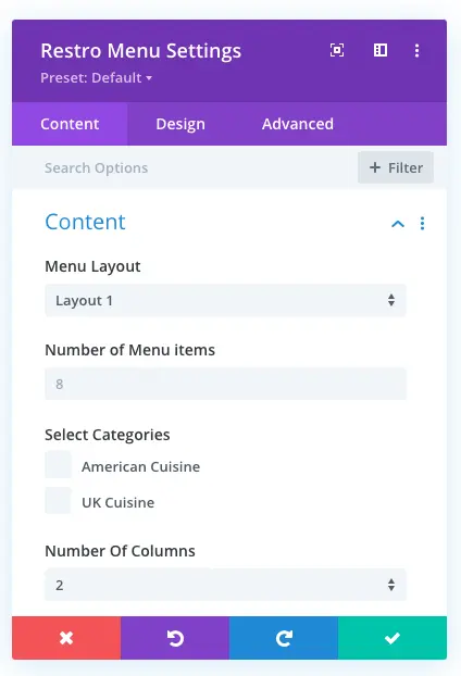 Divi Restro Menu content settings